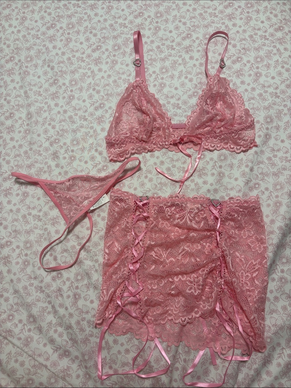 Pink Lace Bralette, Garter Skirt & Thong Set